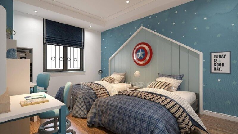 bố trí nội thất phòng ngủ bé trai luôn sử dụng những gam màu nhẹ nhàng mang cá tính riêng vì thế mà màu xanh lại là màu rất được các bé trai ưa chuộng. Với diện tích đủ lớn mẫu bố trí nội thất phòng ngủ với giường đôi dành cho 2 bé trai sẽ là gợi ý lý tưởng cho các không gian như biệt thự, nhà phố, chung cư. thiết kế nội thất chung cư