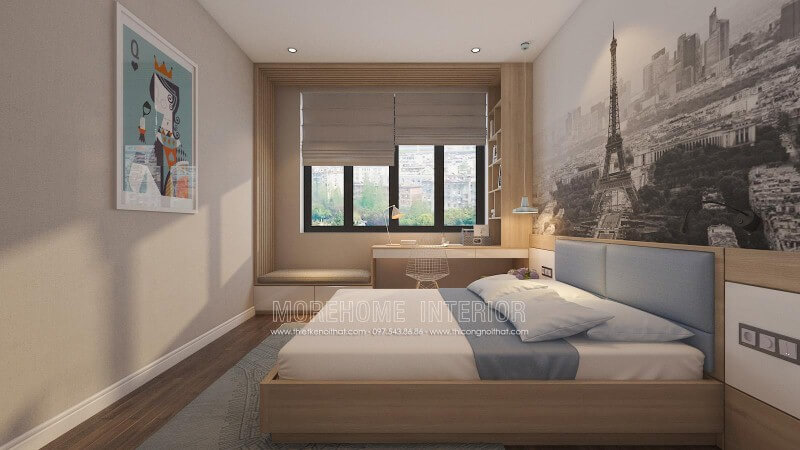 Cửa sổ lớn cùng rèm chắn sẽ là ý tưởng tuyệt vời để tạo nên không gian thông thoáng cho phòng ngủ hiện đại và góc học tập hay bàn làm việc. thiết kế nội thất chung cư