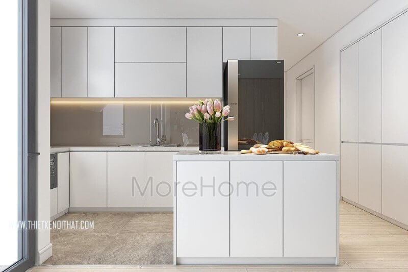 Hệ thống tủ bếp tiện nghi với tone màu trắng hiện đại gợi sự liền mạch trong mẫu thiết kế nội thất chung cư đẹp này Tủ bếp hiện đại