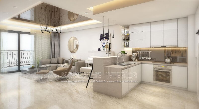Ở căn hộ chung cư nhỏ này, KTS đã giới thiệu tói gia chủ mẫu tủ bếp gỗ Acrylic tận dụng được tối đa mọi góc khuất của căn phòng, tạo cảm giác thoáng đãng và rộng rãi hơn Tủ bếp đẹp