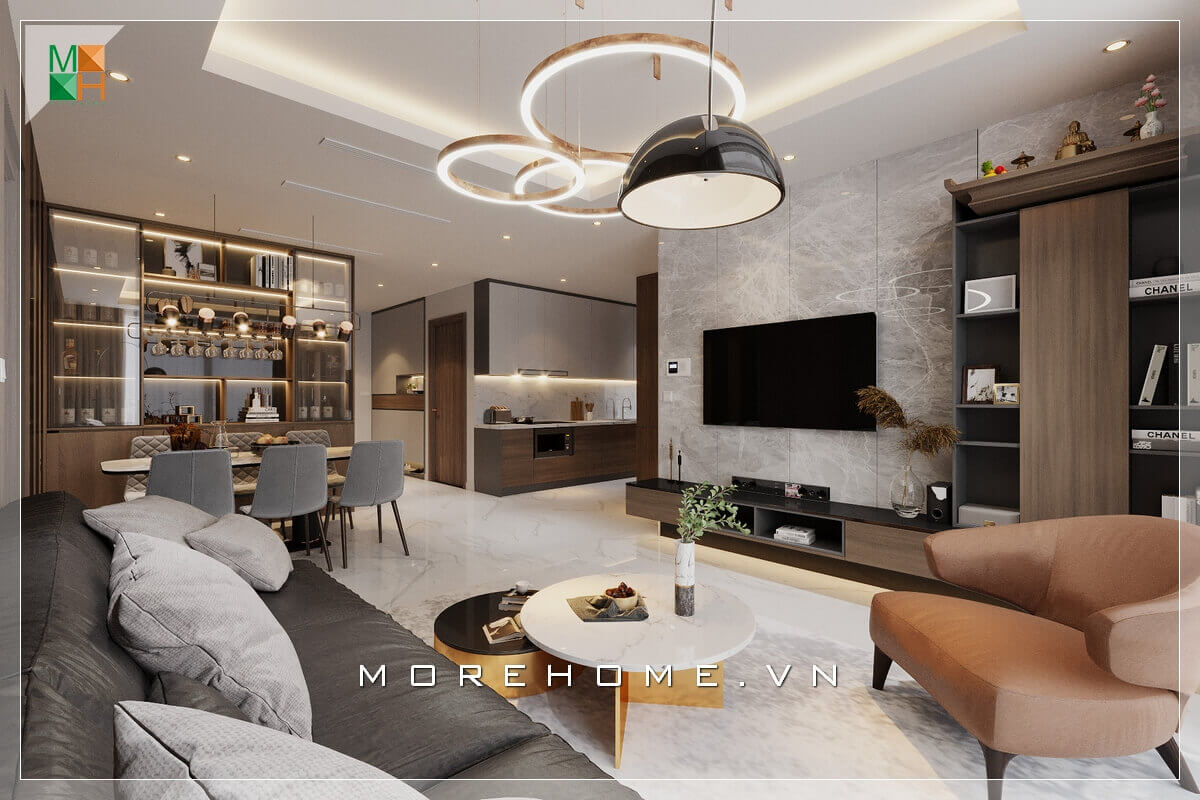 Mẫu thiết kế kiến trúc phù hợp cho chung cư, nhà phố, với thiết kế liền không gian giữa phòng khách, phòng ăn và phòng bếp, mang lại không gian sống hiện đại trẻ trung mà cao cấp cho ngôi nhà của bạn Thiết kế phòng bếp, tủ bếp đẹp