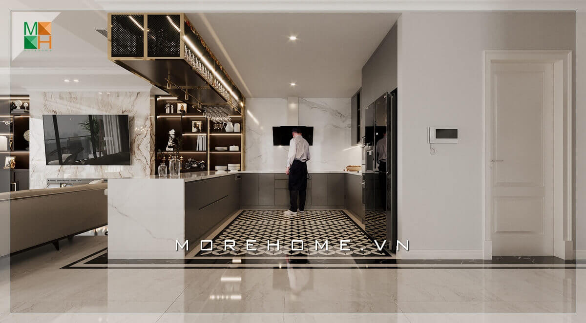 Chiêm ngưỡng mẫu thiết kế không gian bếp đẹp, tiện nghi, hiện đại, sang trọng cho chung cư, nhà phố, biệt thự. Ấn tượng cách bày trí bếp khoa học và hiện đại. Thiết kế bếp có quầy bar vừa thể hiện sự ngăn cách không gian tiện lợi vừa có tính thẩm mỹ cao. Thiết kế phòng bếp, tủ bếp đẹp