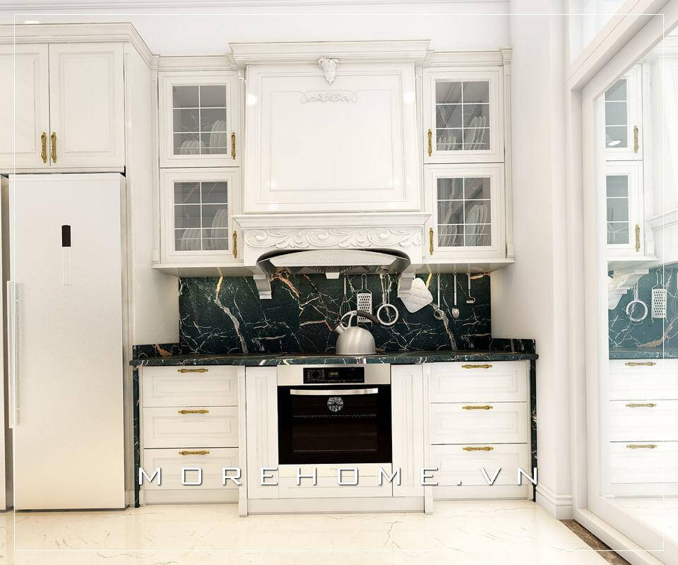 Mẫu thiết kế nội thất phòng bếp mang phong cách tân cổ điển, không gian giản đơn và ngăn nắp nhưng vẫn mang đến nét tinh tế và sang trọng. Tủ bếp đẹp