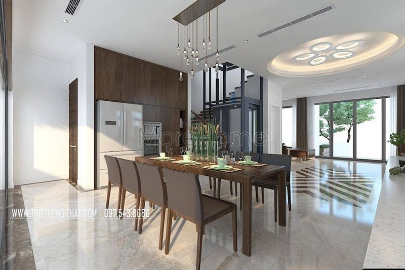 Thiết kế nội thất phòng ăn biệt thự đẹp với sự xuất hiện của bộ bàn ăn gỗ tự nhiên tạo điểm nhấn nổi bật cuốn hút Thiết kế phòng ăn biệt thự