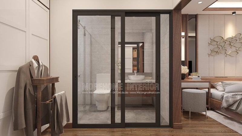Thoạt nhìn kệ để quần áo như trên có vẻ sẽ mang lại sự bất tiện khi mất thời gian để kệ quần áo ra rồi để vào mỗi khi lấy quần áo trong tủ ra tuy nhiên nó lại hợp lý khi tủ trên lại là tủ để lưu trữ chỉ khi cần bạn mới lấy ra đôi ba lần, còn bố trí tủ quần áo lại nằm ở phía đối diện cửa trượt giúp bạn rất tiện khi tìm quần áo. Thiết kế phòng ngủ biệt thự