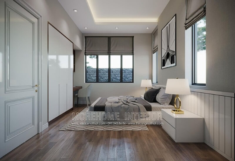 Tủ quần áo âm tường sơn trắng đẹp cho phòng ngủ hiện đại. Thiết kế phòng ngủ biệt thự