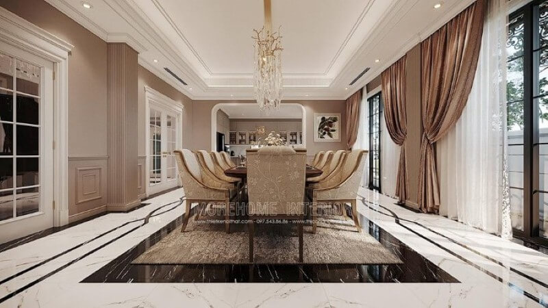 Thiết kế nội thất phòng ăn đẹp, sang trọng mang đậm dấu ấn phong cách đương đại nhẹ nhàng, tinh tế. Thiết kế phòng ăn biệt thự