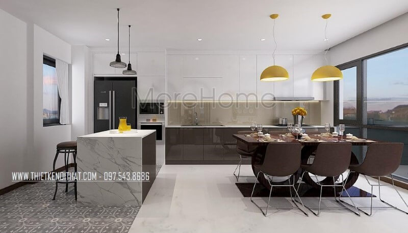 Thiết kế phòng ăn lồng phòng bếp hiện đại tạo nên không gian vừa đẹp vừa tiện nghi vừa sang trọng. Thiết kế phòng ăn biệt thự