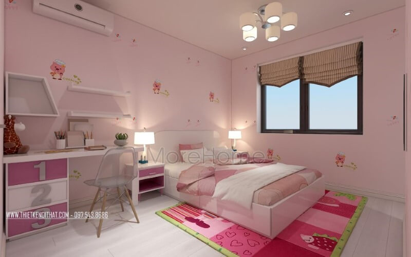 Sắc hồng đẹp, đáng yêu từ giấy, thảm trải, tường, tab đầu giường, bàn học cho phòng ngủ con gái. Thiết kế phòng ngủ biệt thự