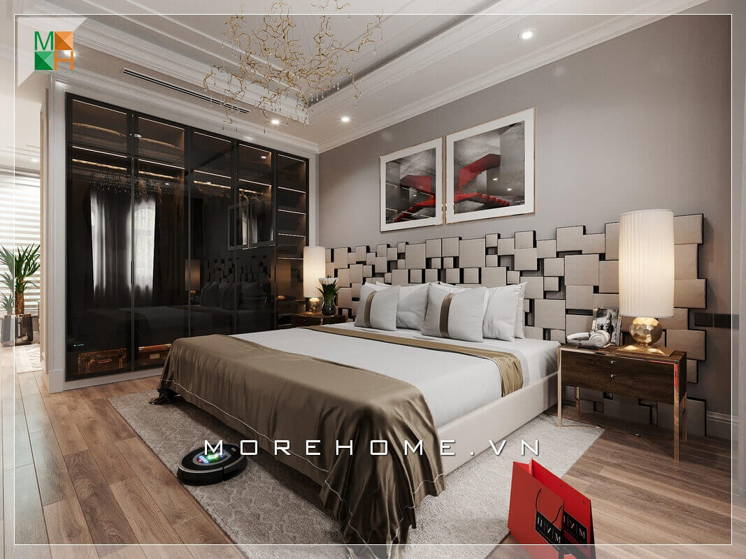 Hai bức tranh canvas họa tiết nghệ thuật được treo đầu giường làm sáng cả căn phòng ngủ chung cư hiện đại. Thiết kế phòng ngủ biệt thự