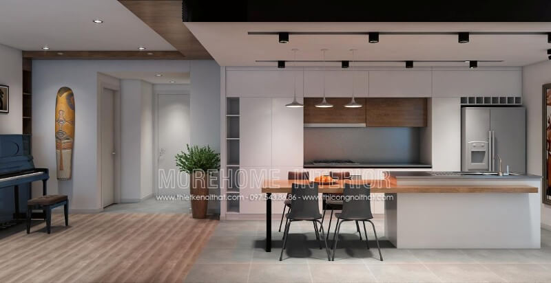 Bố trí tủ bếp đầy hợp lí, phần bếp nóng tủ bếp hiện đại và khu vực sơ chế thực phẩm được đặt song song với nhau, tạo cho người nấu dễ dàng di chuyển hơn Tủ bếp hiện đại