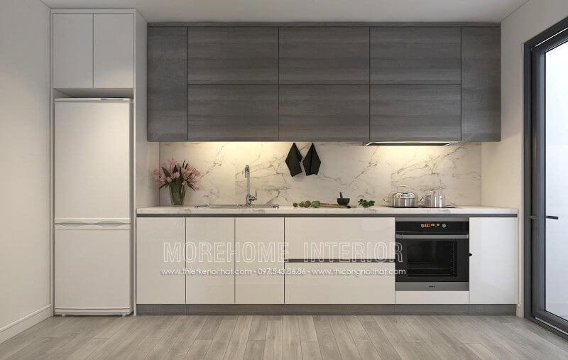 Cả bộ tủ bếp hiện đại được sản xuất từ chất liệu gỗ công nghiệp An Cường cao cấp. Ngoài ra, trông nó nổi bật và dịu mắt hơn khi sử dụng đá ốp bếp nhân tạo vân mây đầy đẳng cấp Tủ bếp hiện đại