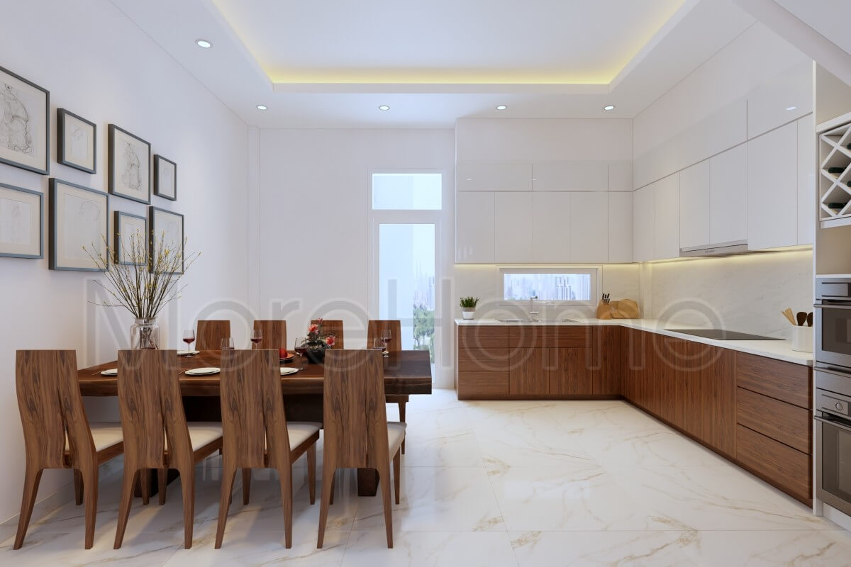 Mẫu tủ bếp thiết kế chữ L, gỗ công nghiệp với gam màu đồng nhất với nội thất âm tường tiết kiệm được không gian mà không kém phần sang trọng Mẫu tủ bếp nhà phố acrylic