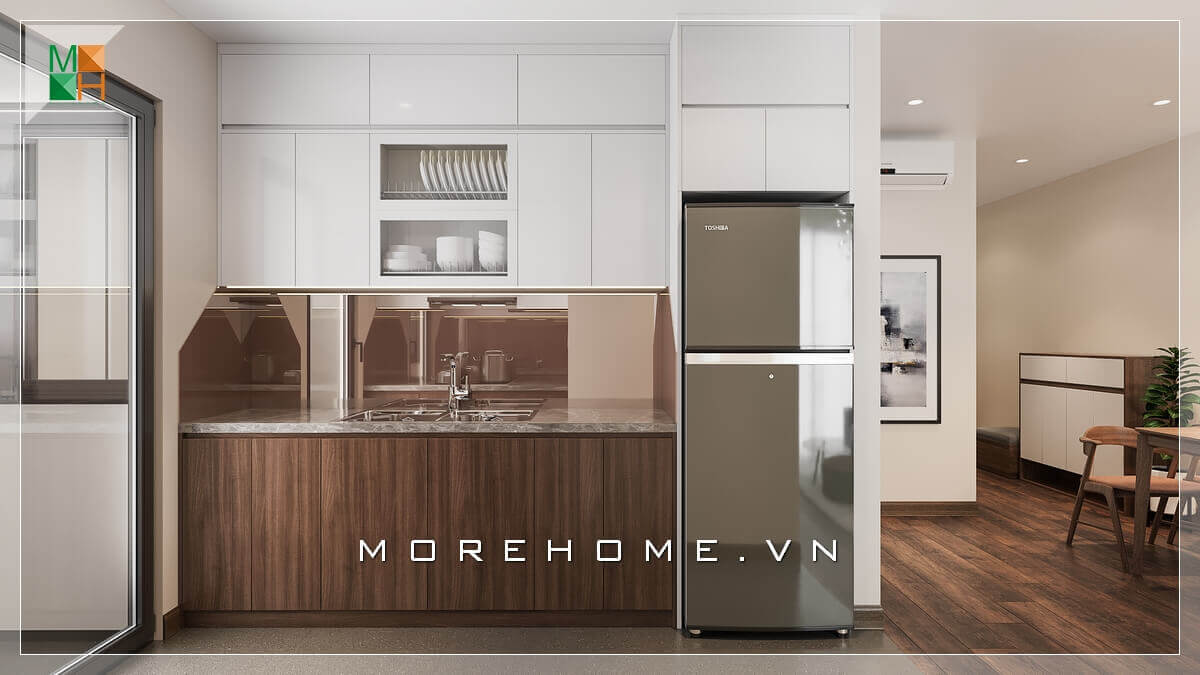 Kính ốp bếp màu cafe giúp liên kết màu sắc giữa bàn bếp gỗ công nghiệp chống ẩm màu nâu trầm và tủ bếp gỗ acrylic trắng Mẫu tủ bếp nhà phố acrylic