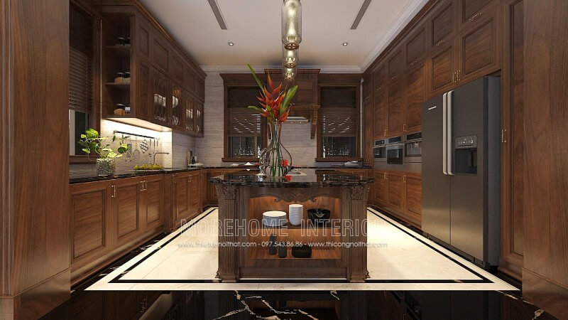 Tủ bếp chữ L gỗ tự nhiên được thiết kế một cách linh hoạt và khéo léo, kết hợp bàn bàn đảo được đặt ở chính giữa tạo sự bề thế, sang trọng cũng như đẳng cấp của chủ nhân ngôi nhà Tủ bếp hiện đại, tủ bếp chữ u, tủ bếp chữ i, tủ bếp chữ l