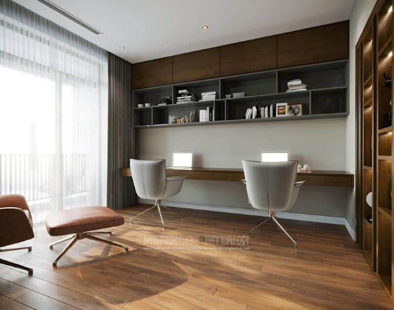 Kệ trang trí với nhiều ngăn sẽ là lựa chọn giúp bạn lưu trữ đồ một cách khoa học trong phòng học. Thiết kế nội thất chung cư