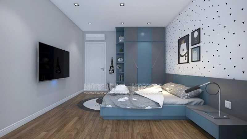 Tủ quần áo hiện đại liền kệ để đồ sẽ là gợi ý ấn tượng để phòng bé luôn được gọn gàng ngăn nắp. Thiết kế nội thất chung cư