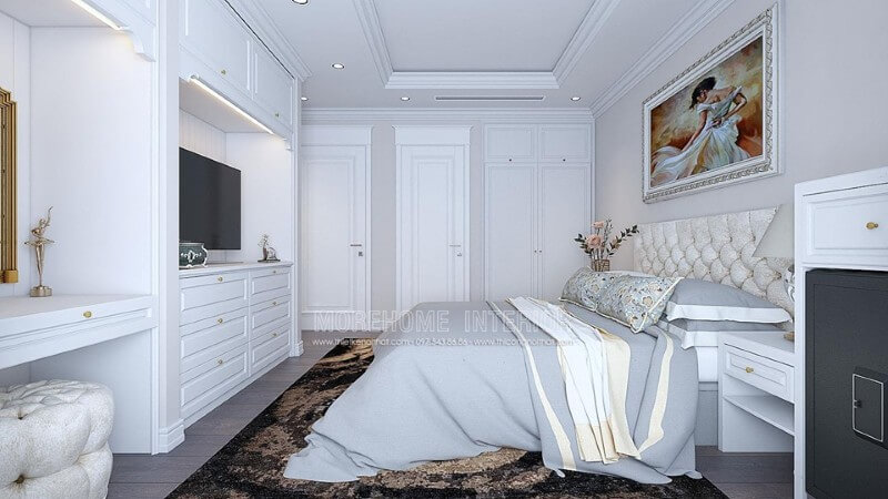 Hệ thống tủ quần áo và kệ tủ đều làm bằng gỗ sồi phun sơn trắng với những chi tiết góc cạnh tân cổ điển Mẫu nội thất chung cư đẹp
