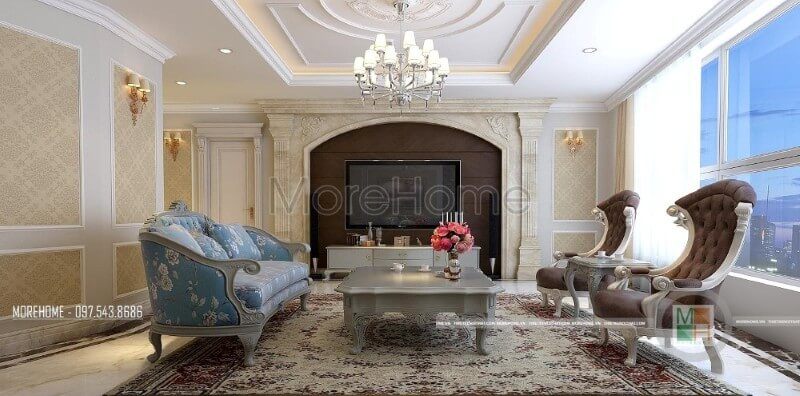 Bộ sofa bọc nỉ với đường cong tinh tế và trạm khắc cổ điển dường như đã trở thành chi tiết tạo điểm nhấn thẩm mỹ căn phòng.