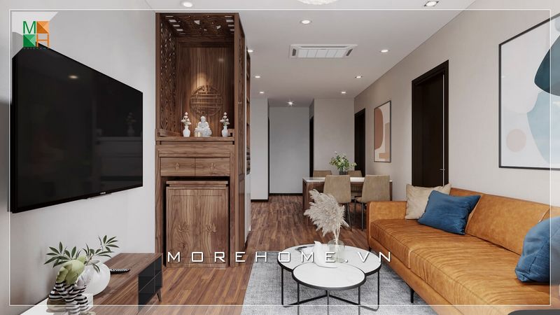 Mẫu sofa phòng khách màu nâu bọc da bò rất ấn tượng, mẫu bàn hiện đại 2 mặt tròn chồng lên nhau thiết kế rất độc đáo.
