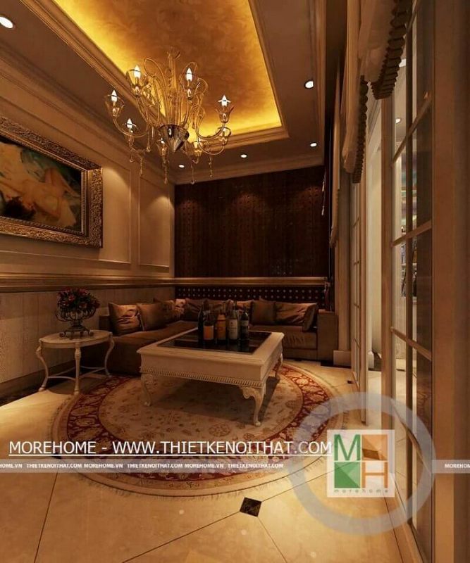 Mẫu sofa màu nâu bọc vải hiện đại cho phòng tầng hầm biệt thự