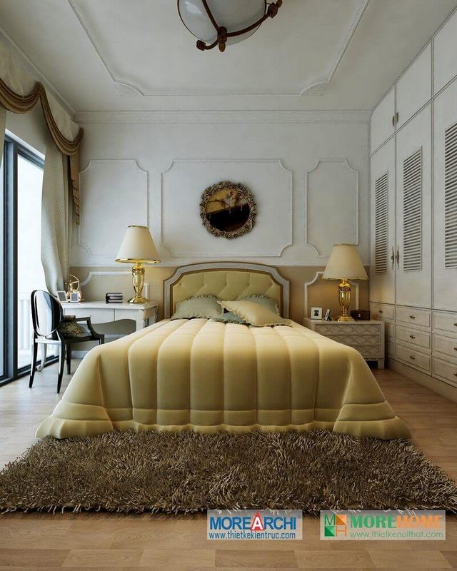 Mẫu giường ngủ gỗ tân cổ điển bọc nỉ cao cấp cho phòng ngủ biệt thự nhà phố