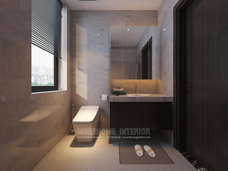 Tủ phòng tắm màu trầm kết hợp cùng mặt bàn đá lavabor cùng sắp xếp hiện đại giúp cho phòng tắm nhỏ trở nên đẹp, sang trọng và đầy tiện ghi.