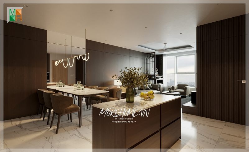 Đảo bếp gỗ tự nhiên mặt đá trắng hiện đại trang trí cho không gian cũng như công năng sử dụng hỗ trợ tốt cho người nội trợ.