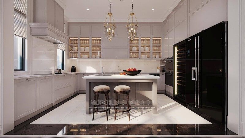 Tủ bếp chữ L phong cách hiện đại bằng gỗ cao cấp