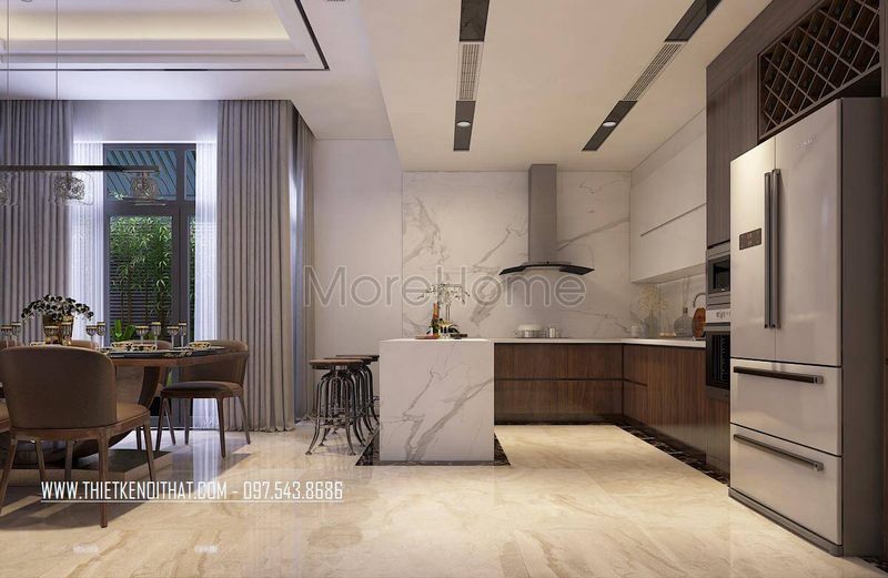 Mẫu tủ bếp gỗ công nghiệp veneer màu nâu chữ L hiện đại là điểm nhấn cho không gian bếp