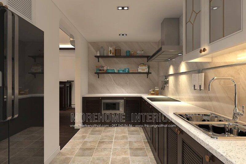 Tủ bếp chữ L với thiết kế hiện đại đơn giản kết hợp chất liệu gỗ tự nhiên nhập khẩu cao cấp cùng màu sắc tương phản mang lại cảm giác căn hộ rộng hơn thực tế