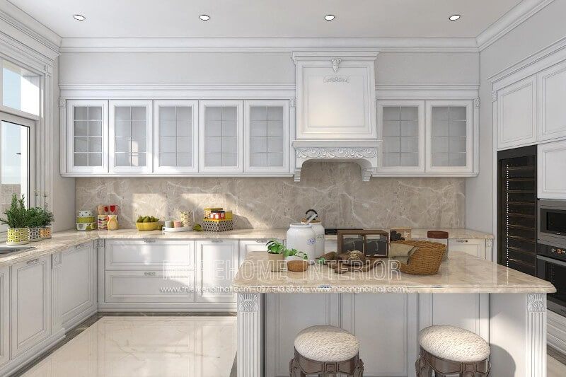 Thiết kế tủ bếp chữ L tân cổ điển với chất liệu gỗ tự nhiên phun sơn trắng lại mang đến cho các thành viên trong gia đình có cảm thấy thân thiết và gần gũi nhau hơn.