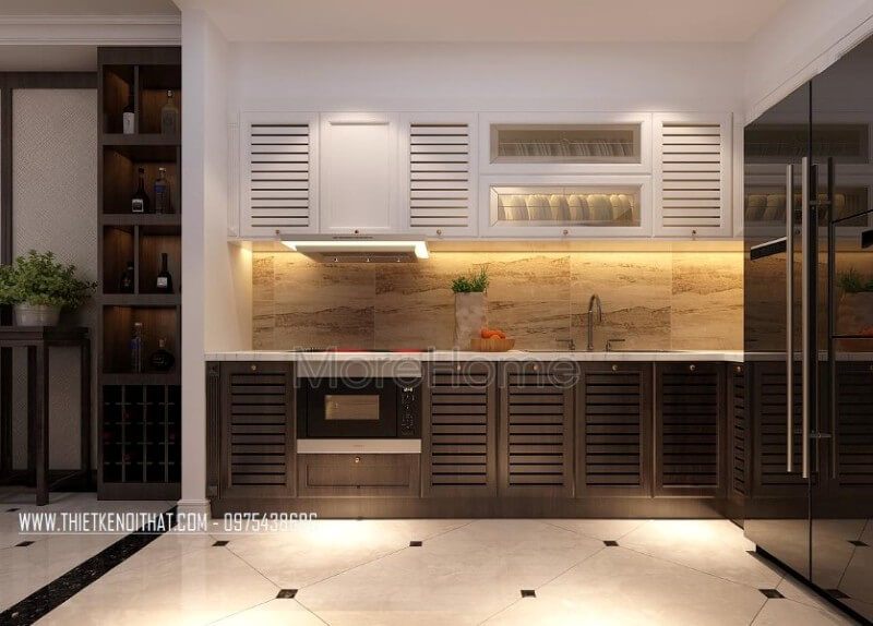 Thiết kế phòng bếp chung cư tách biệt hoàn toàn với không gian sinh hoạt chung khác, đồng thời vẫn đảm bảo tính tiện nghi và đồng nhất cho cả không gian sống của gia chủ
