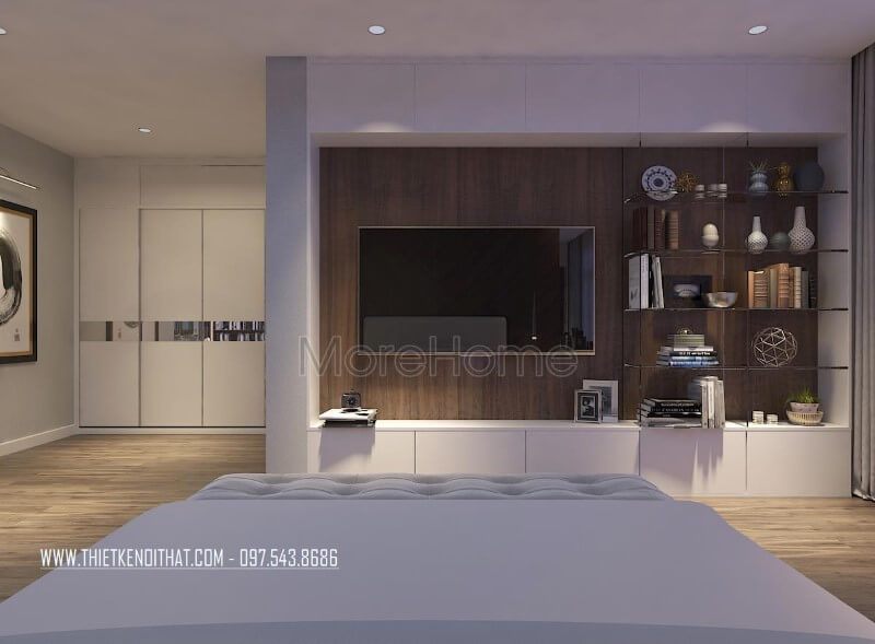 Với cách bày trí khéo léo cho phòng ngủ thêm sinh động, gia chủ lựa chọn kệ ti vi gỗ công nghiệp sơn trắng hiện đại kết hợp kệ trang trí bằngkính độc đáo và lạ mắt