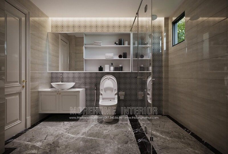 Gạch ốp tường phòng tắm đẹp sang trọng với hoa văn độc đáo.