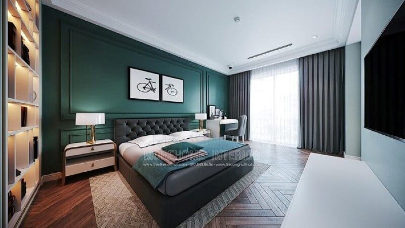 Giường bọc nệm đẹp ấn tượng với kiểu dáng vuông vắn kết hợp các nút nệm đầu giường tạo cảm giác êm ái, sang trọng cho phòng ngủ đương đại.