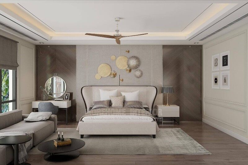 Mẫu bàn trang điểm gỗ công nghiệp hiện đại kết hợp gương treo tường hình tròn mang đến sự tiện nghi trong phòng ngủ