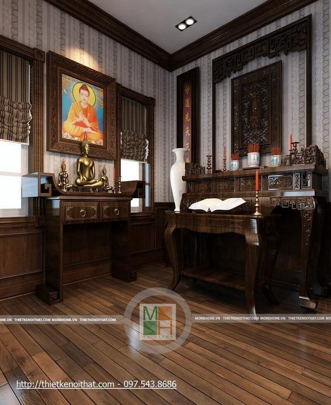 Mẫu tủ thờ gỗ tự nhiên với đường nét hoa văn chạm khắc tỉ mỉ.