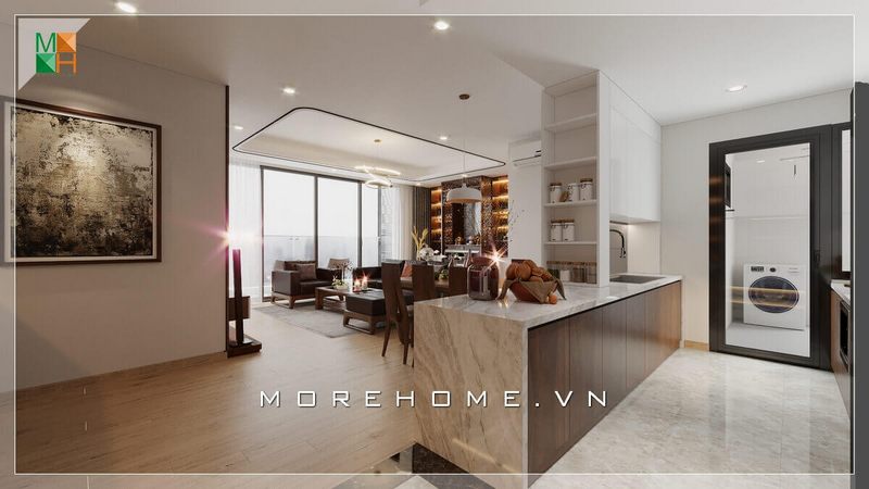 Ấn tượng với mẫu bàn đảo bếp gỗ công nghiệp mặt bàn đá nhân tạo kết hợp kệ đựng đồ, vừa thuận tiện khi sử dụng vừa đóng vai trò định hình khu vực phòng bếp, tạo nên phong cách hiện đại trẻ trung cho ngôi nhà của bạn