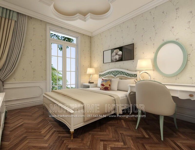 Mẫu thiết kế giường ngủ con gái tại biệt thự cao cấp phong cách tân cổ điển