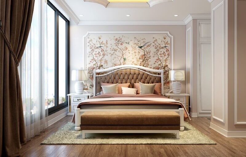 Việc trang trí không gian nghỉ ngơi của gia chủ bằng tranh dán tường hoa lá là một phần độc đáo để tạo nên sự khác biệt.