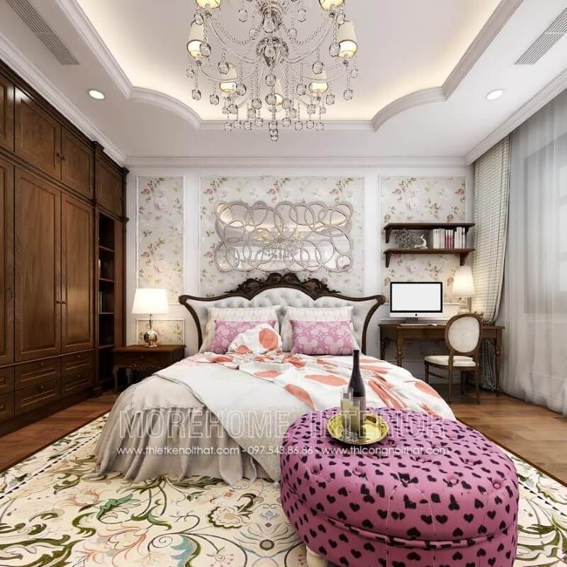 Trang trí nội thất phòng ngủ đẹp với giường gỗ óc chó kiểu dáng tân cổ điển, đầu giường bọc da