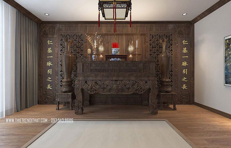 Vách cnc ốp tường hoa văn tạo điểm nhấn cho phòng thờ