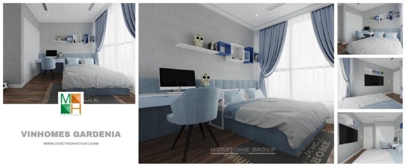 Trong việc trang trí phòng ngủ của bé trai, bạn có thể sử dụng tone màu xanh nhẹ nhàng để tạo nên điểm nhấn từ bộ giường bọc nệm, rèm cửa, ô kệ trang trí hay cả ghế ngồi.